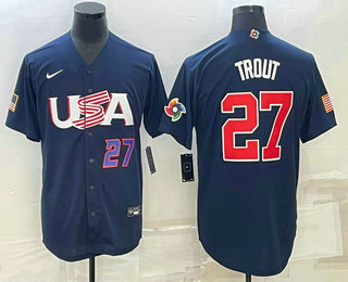 Men%27s USA Baseball #27 Mike Trout Number 2023 Navy World Baseball Classic Stitched Jersey